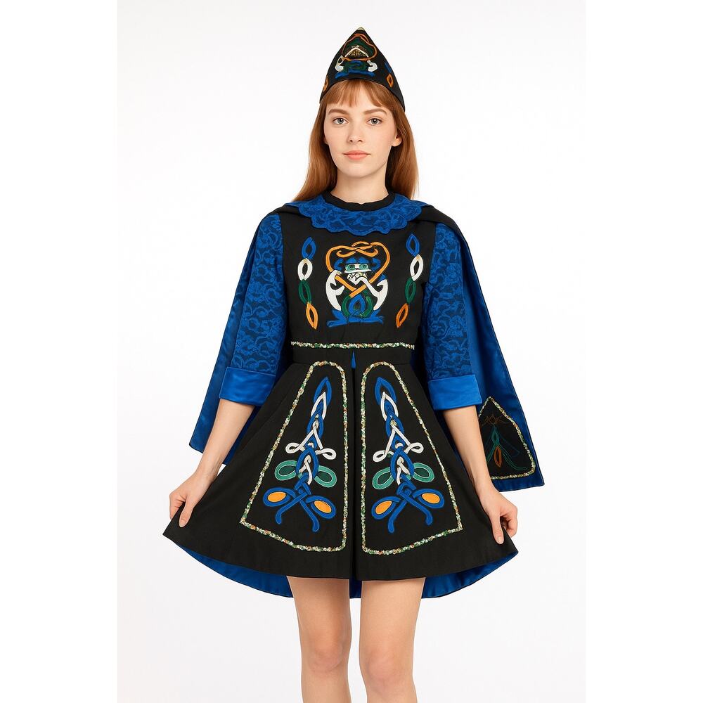 Vintage traditional Irish step dancing dress handmade, black & blue small medium